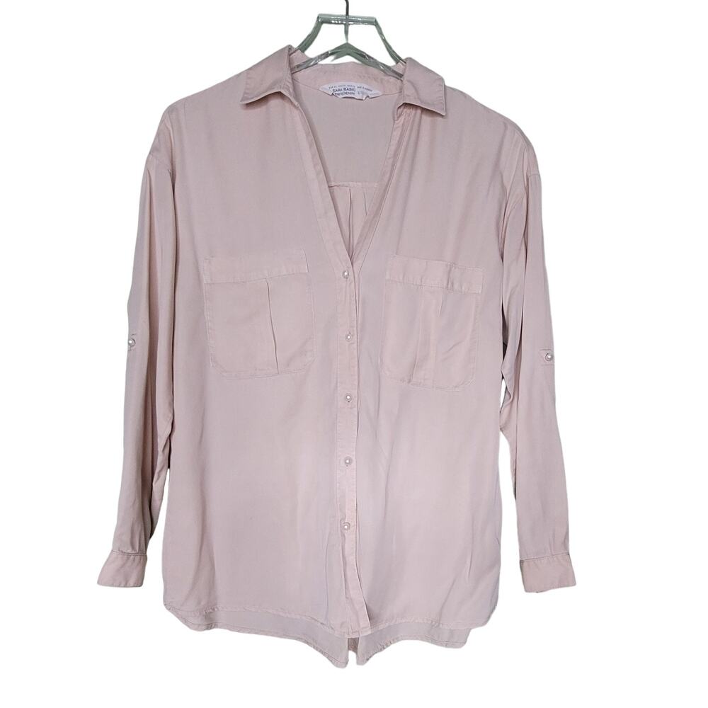 Zara Basic Pearl Button Shirt‎ Pink Tencel Roll Tab Sleeve V-Neck Pocket XS